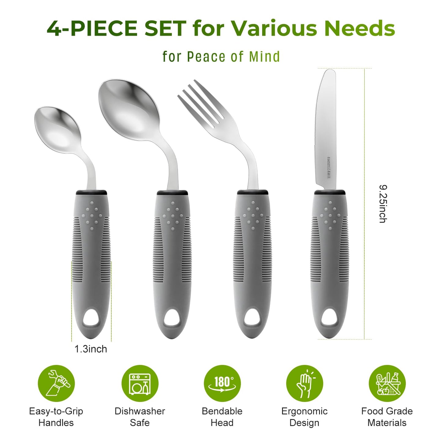 4-Piece Adaptive Utensils Set for Parkinson’s & Hand Tremors – 42° Angled, 2.5 oz Weighted Silverware – Easy-Grip Utensils for Seniors & Arthritis (Fork, Knife, Spoon)-(Right-Handed)