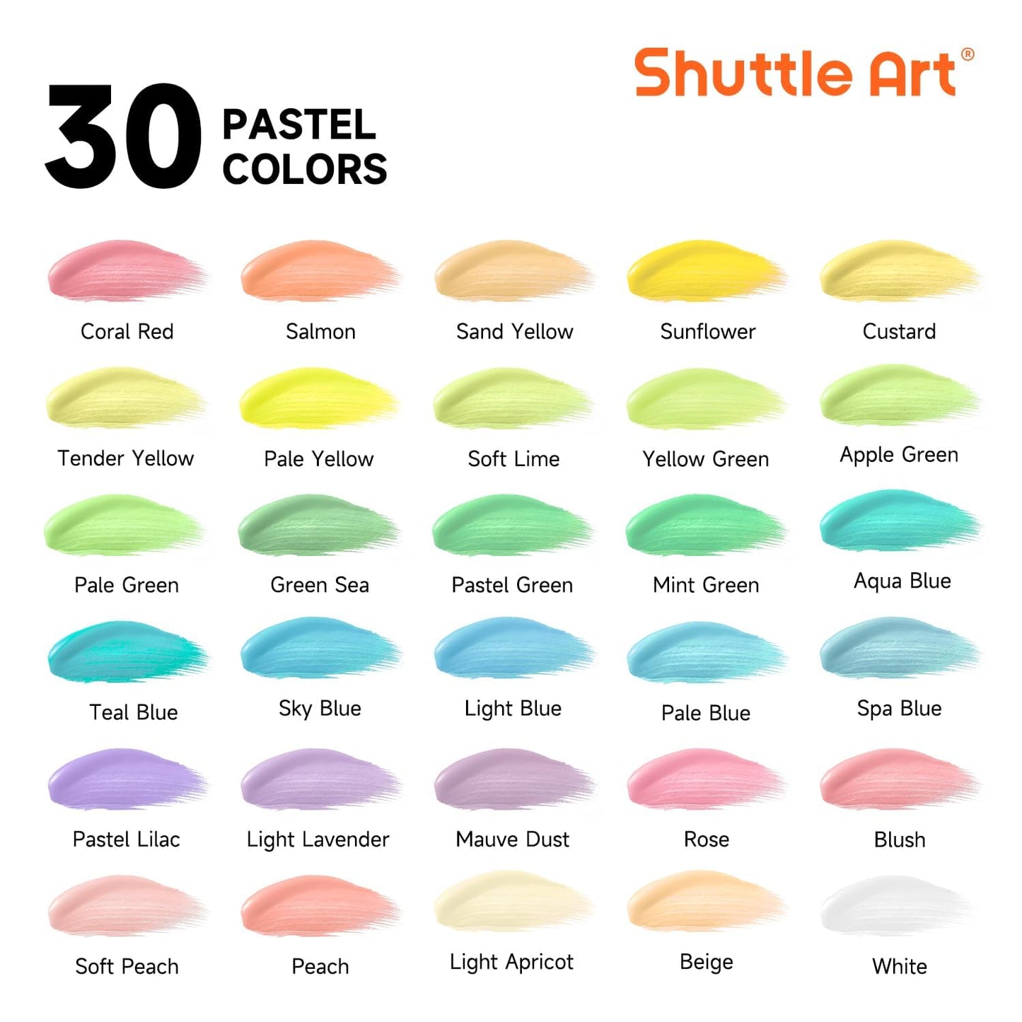 Shuttle Art 40 Pack Pastel Acrylic Paint Set, 30 Colors, 60ml/2oz Bottles, High Viscosity, Water-proof Paint With 10 Paint Brushes for Painting &Crafting on Canvas, Rock, Ceramic, Fabric