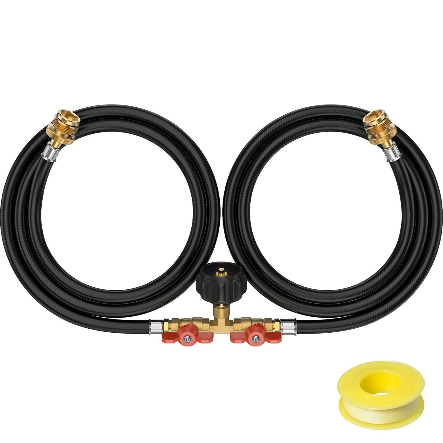 5FT Propane Hose 2 Way Y Splitter with Shut Off Valve, Propane Adapter 1lb Portable Appliance to QCC1/ Type1 5-40lb Tank, 350PSI for Heater, Camping Stove, Grill