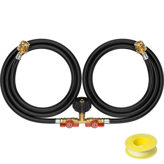 5FT Propane Hose 2 Way Y Splitter with Shut Off Valve, Propane Adapter 1lb Portable Appliance to QCC1/ Type1 5-40lb Tank, 350PSI for Heater, Camping Stove, Grill