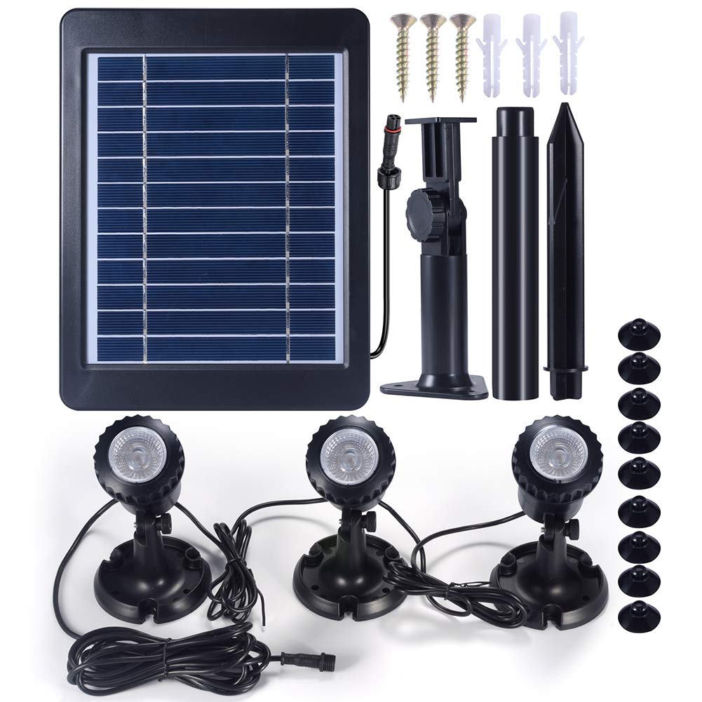 PChero Submersible Solar Pond Light, RGB LED Landscape Spotlights IP68 Underwater Night Lights for Fountain Pool Waterfall Fish Tank Aquarium Garden Outdoor, 3 Led Lamps and Solar Panel Included