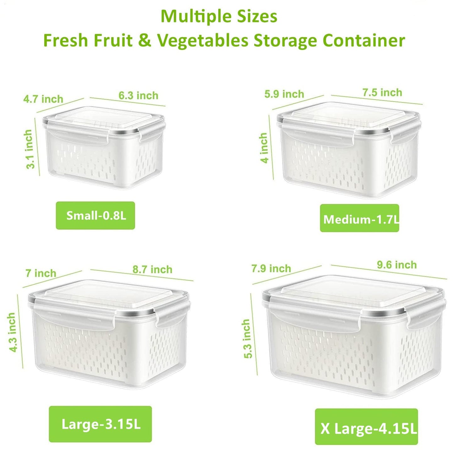 Fresh Food Storage Containers, 4 Pack Large Capacity Produce Saver Box with Drain Baskets & Lid for Vegetable and Fruit - BPA Free Stackable Refrigerator Organizer for Kitchen (0.8L+1.7L+3.15L+4.15L)