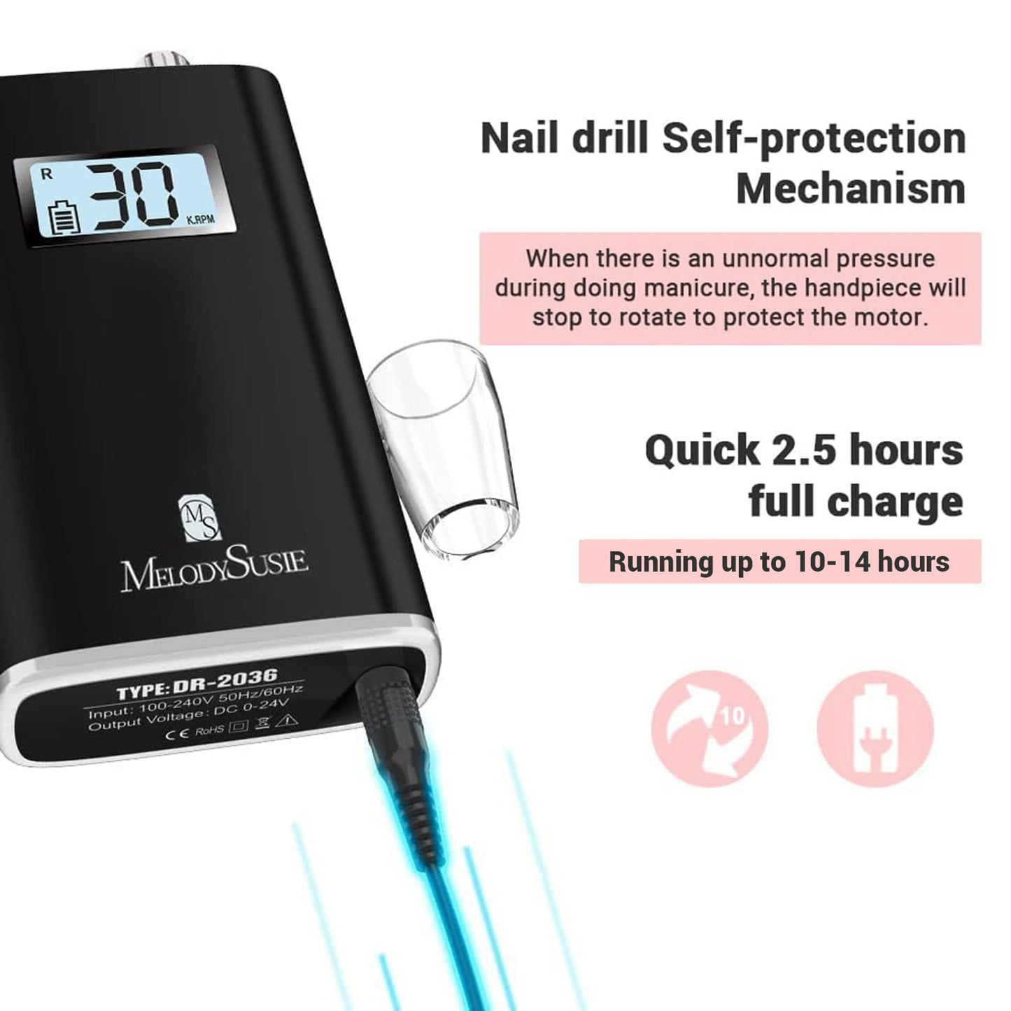 MelodySusie Professional Rechargeable 30000 rpm Nail Drill, Portable E-File with Long Life Battery, Electric Tool for Acrylic Nail Natural Extension Poly Nail Gel, High Speed, Low Heat,Black