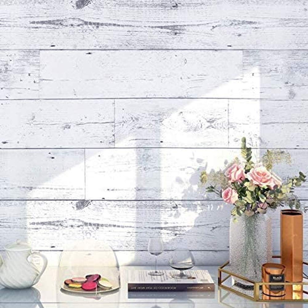 FlockenHome 17.7"x 472" Peel and Stick Wallpaper Self-Adhesive Shiplap Light Grey/White Distressed Wood Plank Removable repasted Decorative