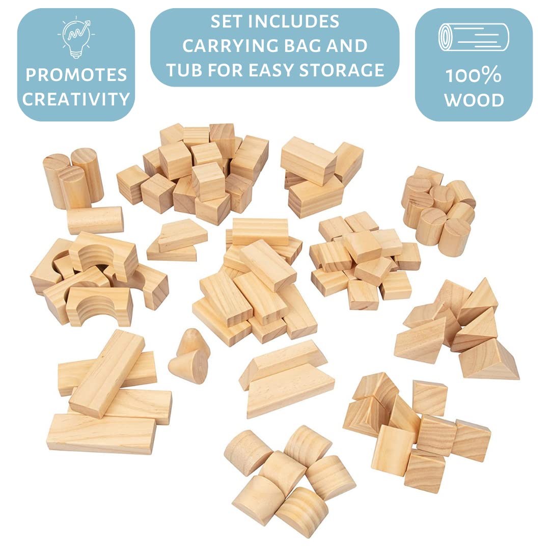 Wooden Blocks - 100 Pc Wood Building Block Set with Carrying Bag and Container (Natural Colored) - 100% Real Wood