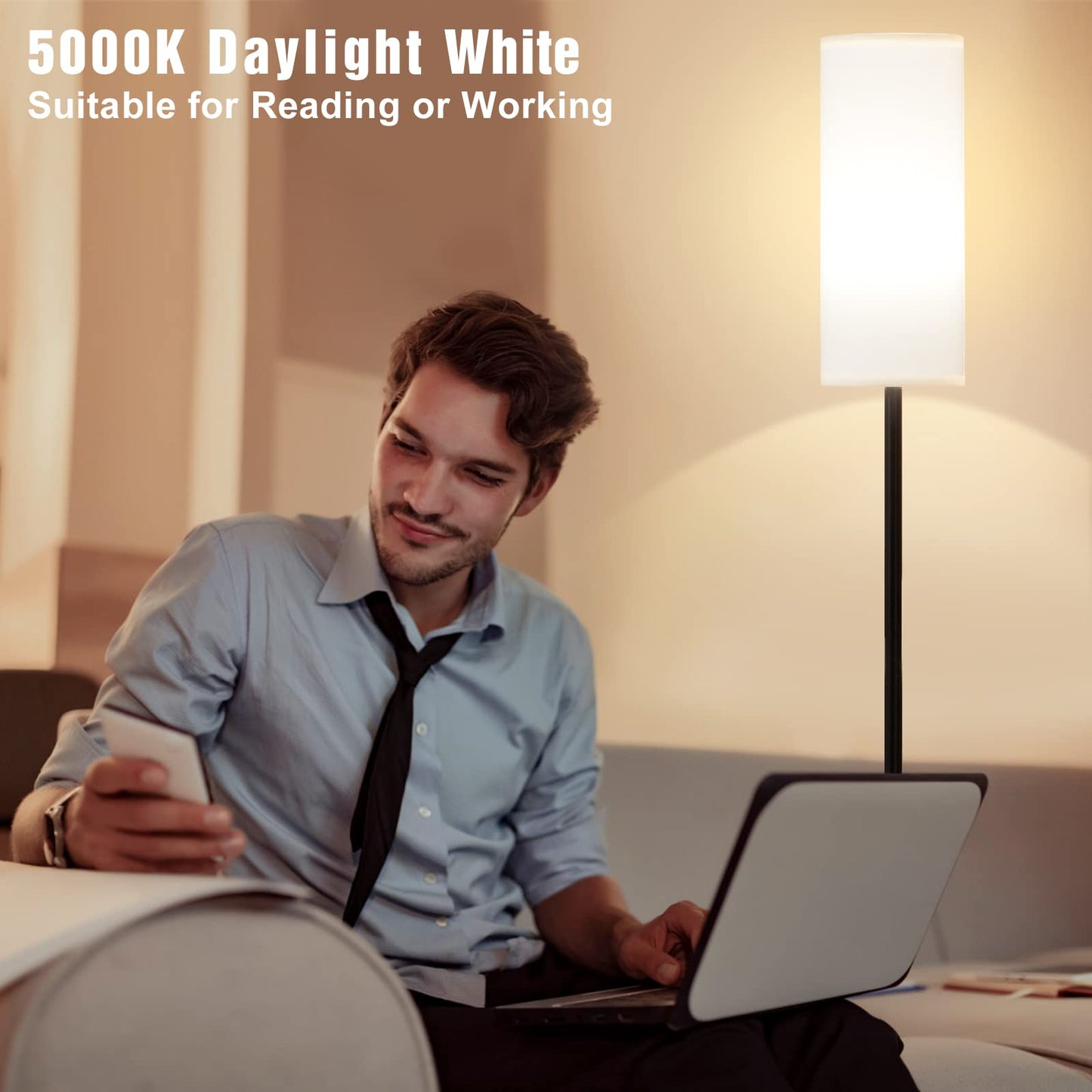 Ambimall Floor Lamp with Remote Control- Dimmable Standing Tall Lamp, Floor Lamps for Living Room, Bedrooms, Stepless Adjustable 3000K-6000K Colors, 10-100% Brightness, Foot Switch