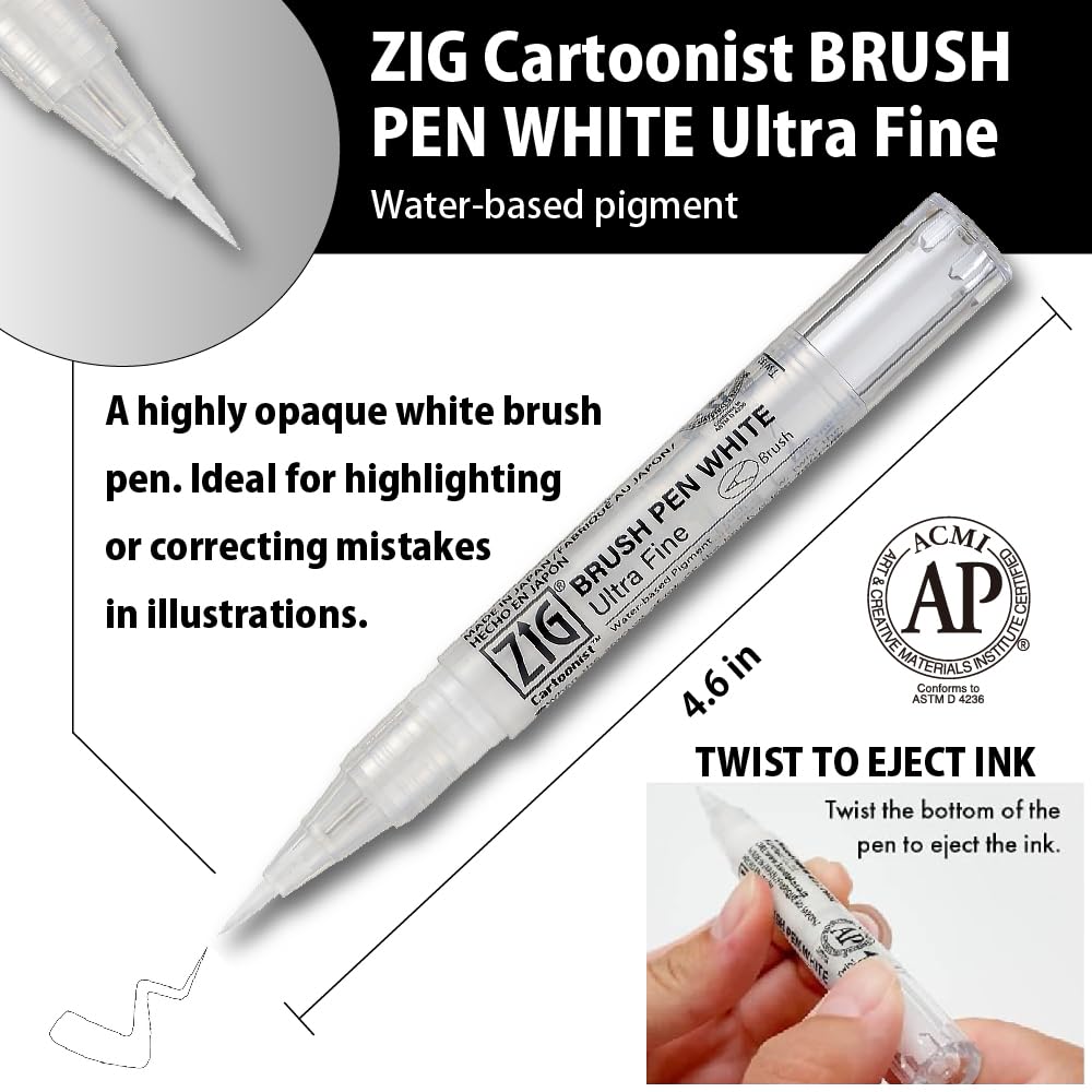 Kuretake Zig INKTOBER Special 3 variety set, White Pen Markers, Fine and Ultra Fine Brush tip, for Manga, Drawing, Calligraphy, Professional, Artist, Made in Japan