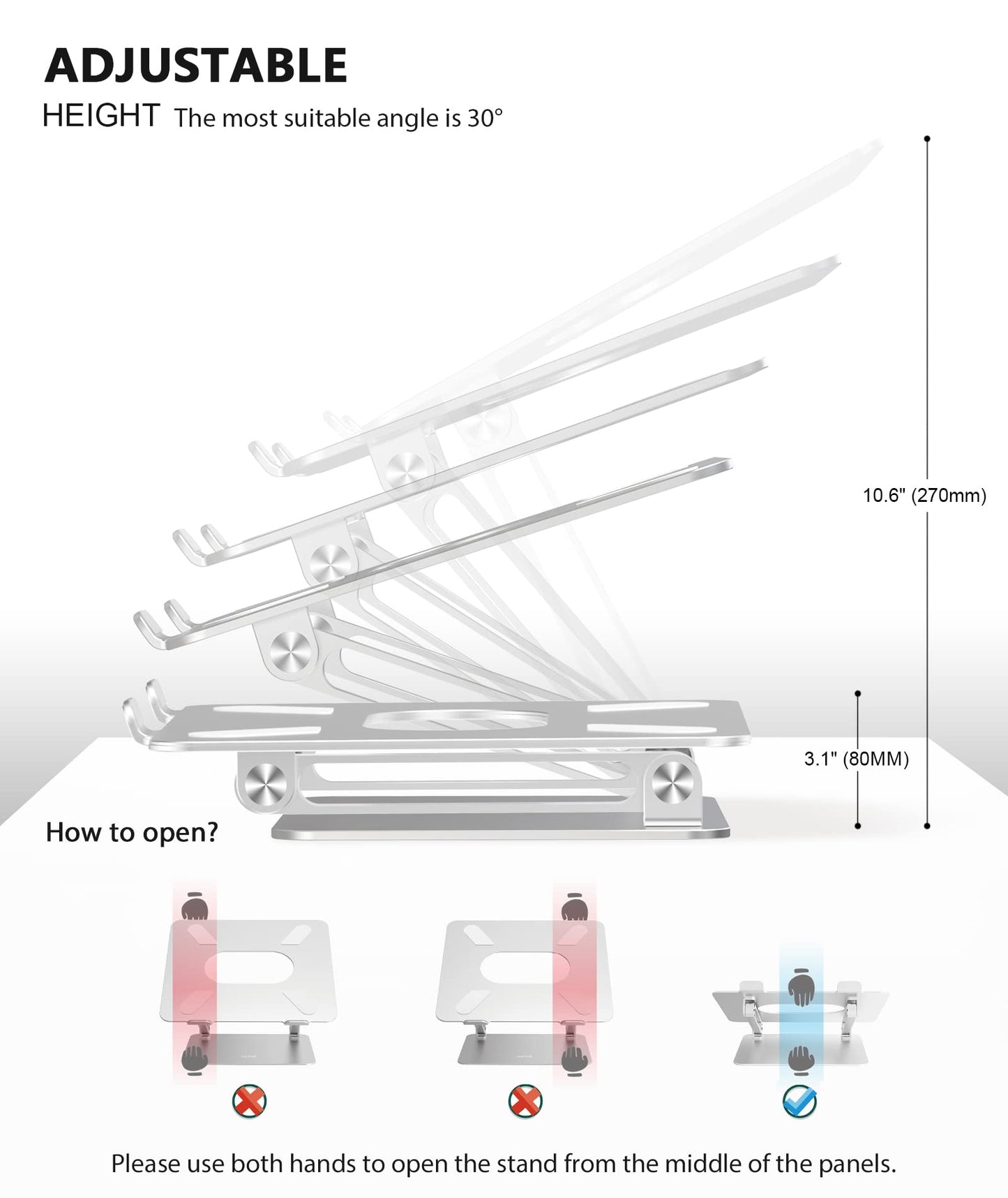 Laptop Stand, BoYata Laptop Holder, Multi-Angle Stand with Heat-Vent to Elevate Laptop, Adjustable Notebook Stand for Laptop up to 17", Compatible for MacBook Pro/Air, Surface Laptop and so on-Silver