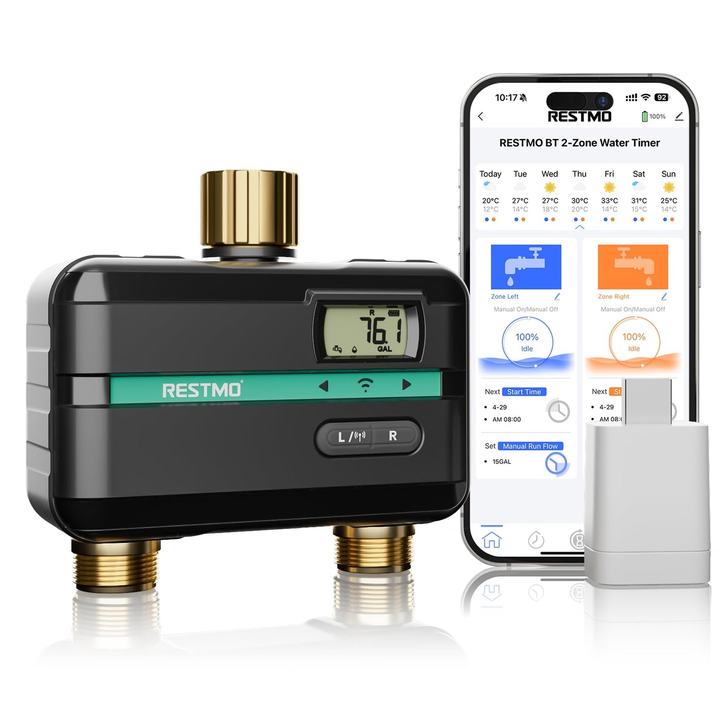 RESTMO Smart Water Timer with Flow Meter, Sprinkler Timer for Garden Hose, Brass Inlet & Outlet, Automatic Lawn & Yard Irrigation Watering System, APP Remote Control (2.4Ghz WiFi Connection)