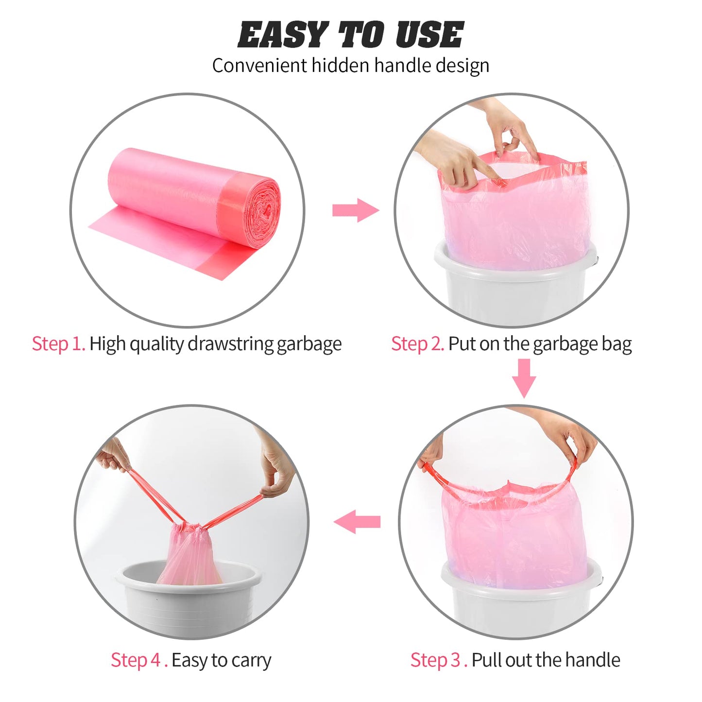 4 Gallon Drawstring Garbage Bags, Drawstring Trash Bags, Trash Bags for Office,Bathroom, Kitchen,Bedroom,6rolls/120 Counts(Pink)