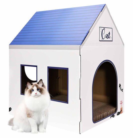 AVXINSOK Cardboard Cat House with Scratcher White Cat House