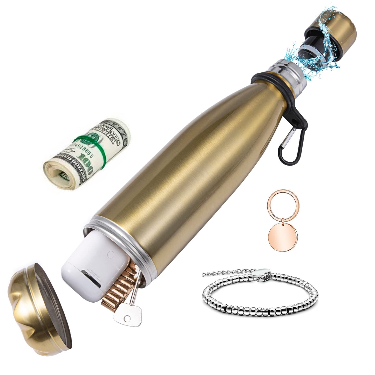 Diversion Safe Golden Water Bottle - All Stainless Steel Stash Container with Hidden Compartment for Cards, Keys, Cash & Valuables | Includes Free Hook & Smell Proof Bag
