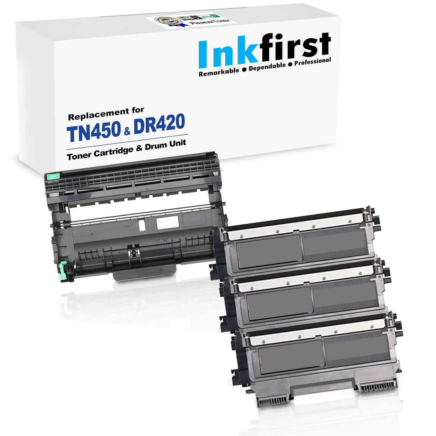 4PK-1 Inkfirst DR420 DR-420 Drum Unit + 3 TN450 TN-450 High Yield Toner Cartridges (3 Toner + 1 Drum) Compatible Replacement for Brother MFC-7360N MFC-7460DN MFC-7860DW HL-2220 HL-2230 HL-2240