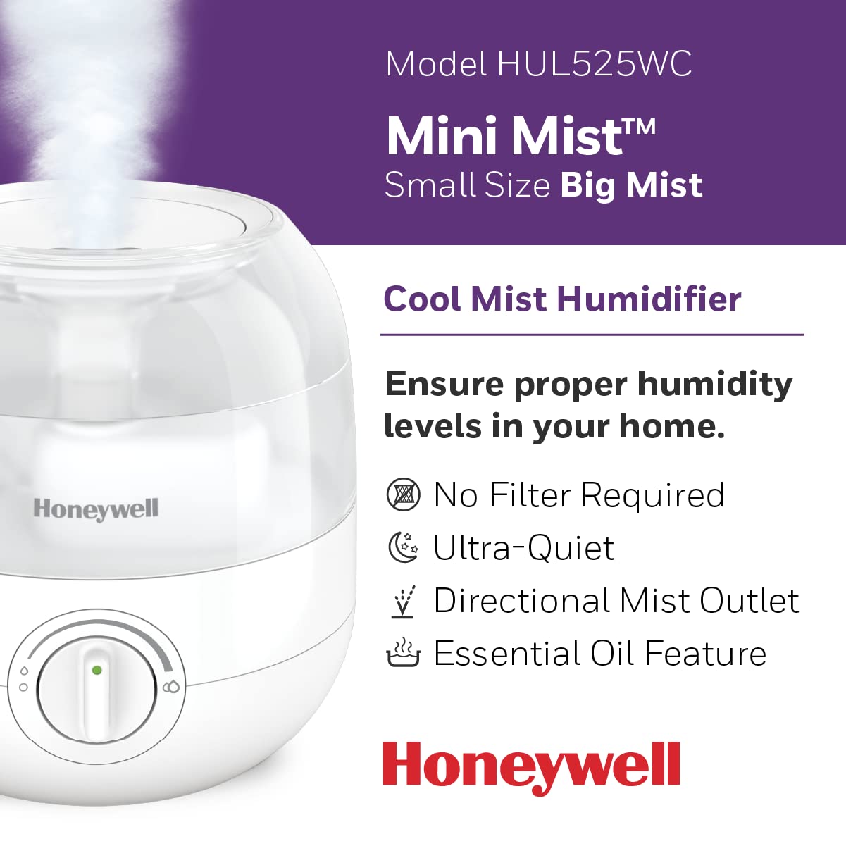 Honeywell HUL525WC Mini Mist™ Ultrasonic Cool Humidifier, White, With Essential Oil Tray, Variable Output Control, Auto Shut-off, Ultra Quiet Operation, Directional Outlet, Visible Mist