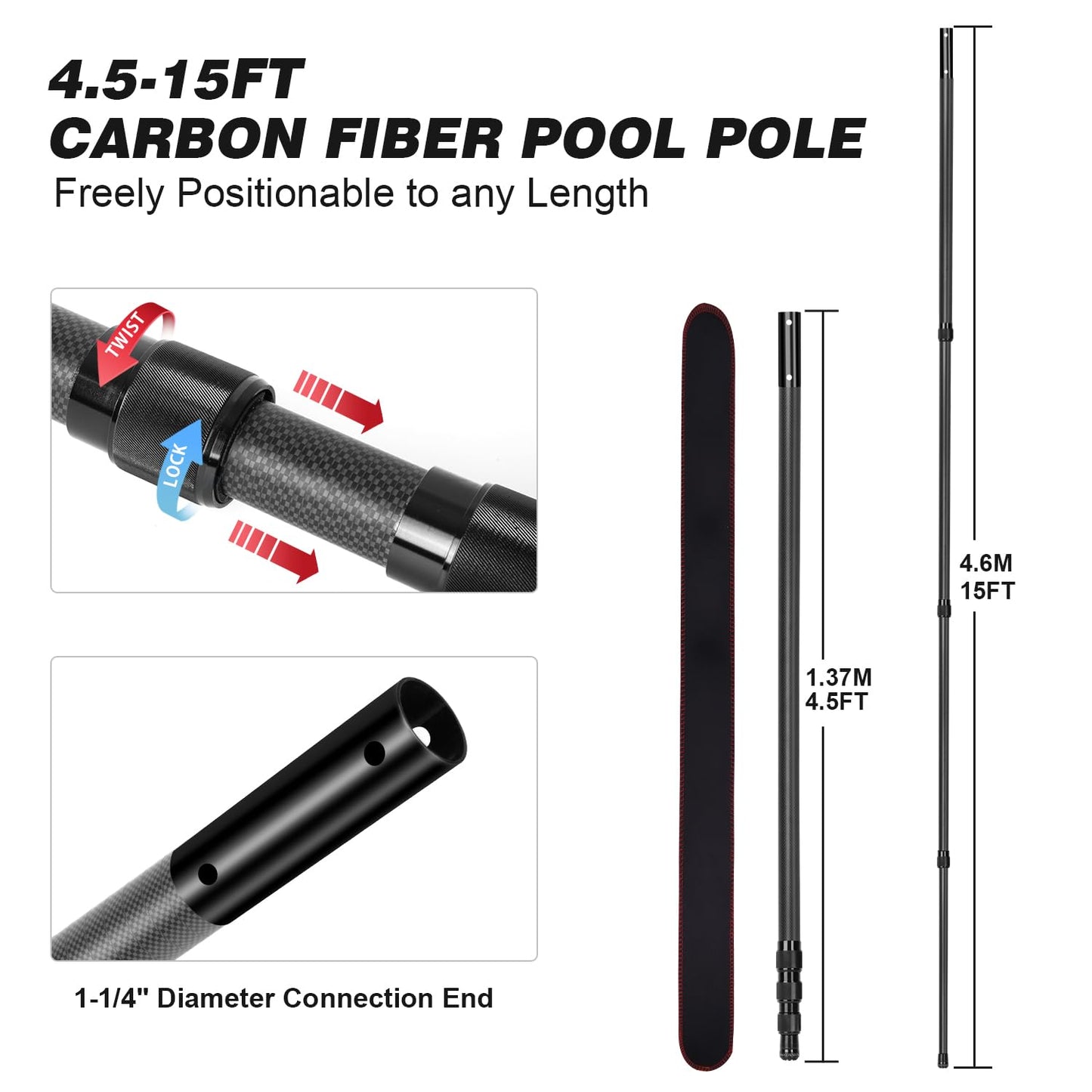 Imgokaha Carbon Fiber Pool Pole - Professional 15 Foot Telescopic Pool Cleaning Pole, Pool Skimmer Net Pole, Telescoping Swimming Pool Poles Heavy Duty 15FT