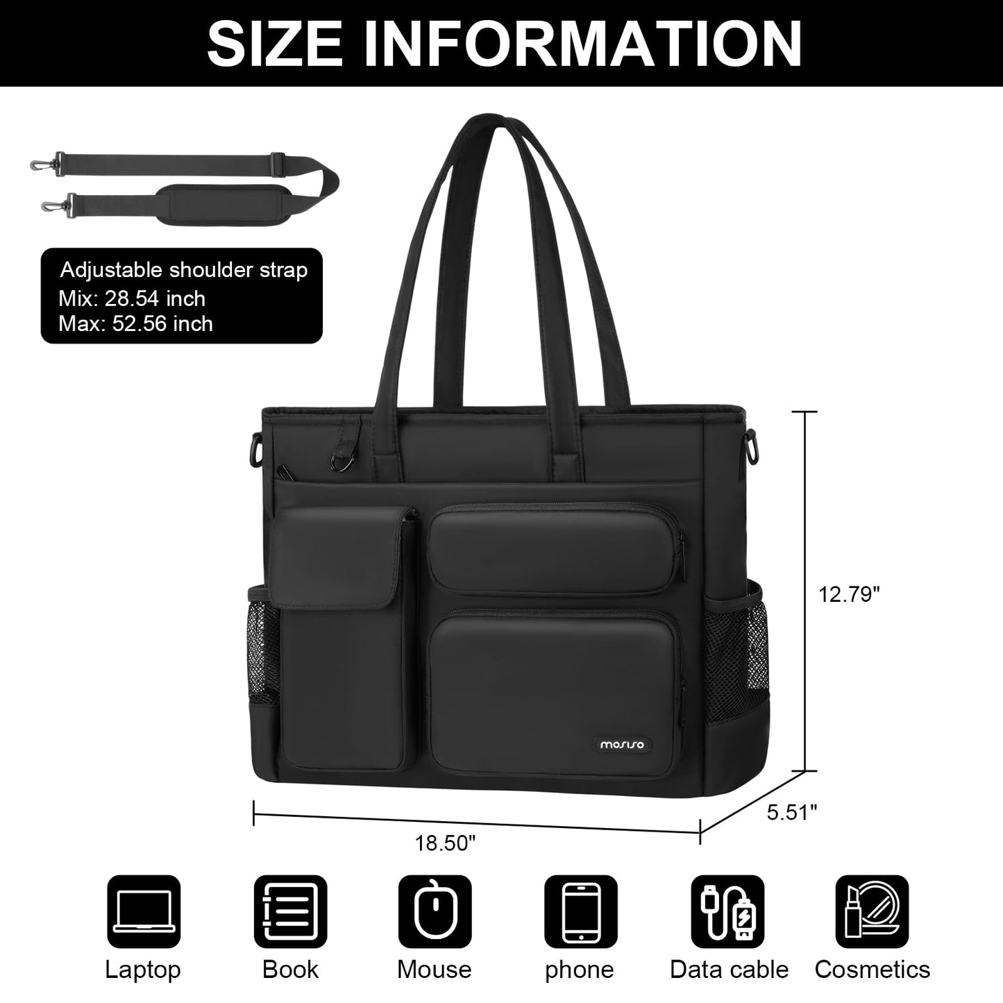 MOSISO Laptop Tote Bag for Women, 15-16 inch Laptop Bag for Men, Large Capacity Work Tote Shoulder Bags with Trolley Sleeve&Cup Holder&Strap inside Teacher Work College Business Office Travel, Black