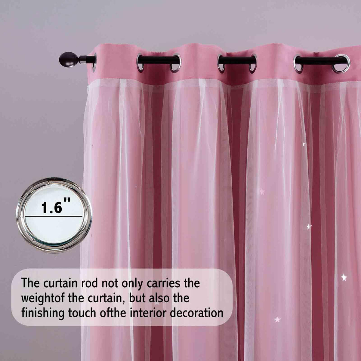 Anytime Star Cut-Out Blackout Curtains for Bedroom 2 Panels,2-Layers Mix Design of Fabric & Tulle,Pretty Pure Color Window Curtain for Kids Room(W52 x L84,Pink)