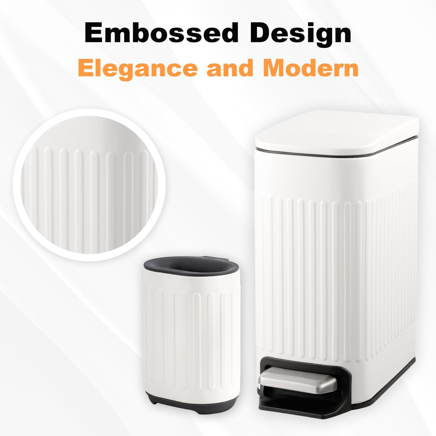 TrashAid Bathroom Trash Can with Toilet Brush - 6 Liter / 1.6 Gallon Bathroom Trash Can with Lid Soft Close + Silicone Toilet Brush and Holder Set, White Bathroom Accessories, Set of 2