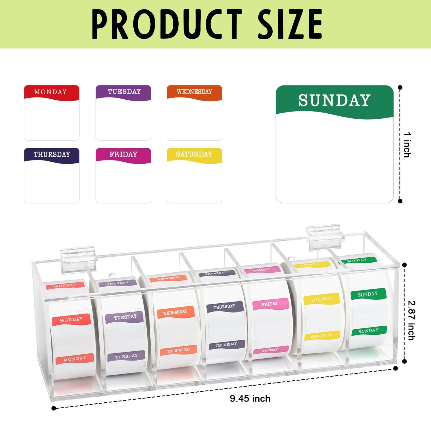 3500 Day of The Week Stickers with Wall Mounted Stickers Organizer Box Square Day Dots Food Labels Removable Food Rotation Labels 7 Slot Label Sticker Roll Holder for Kitchen Office
