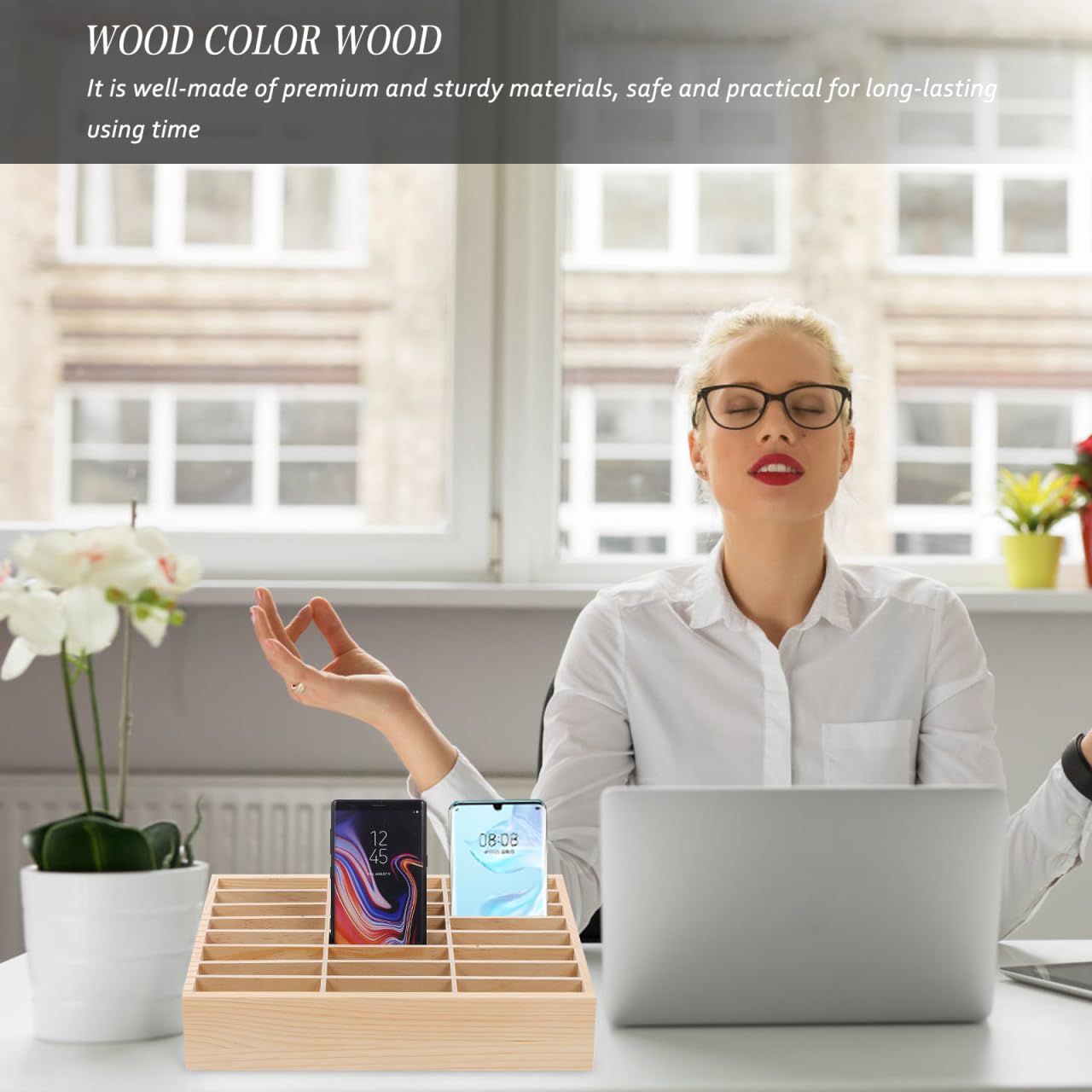 STOBOK 36-Grid Wooden Mobile Phone Storage Box Organizer for Classroom and Office Desk Multi-Compartment Cell Phone Holder for Secure Device Management