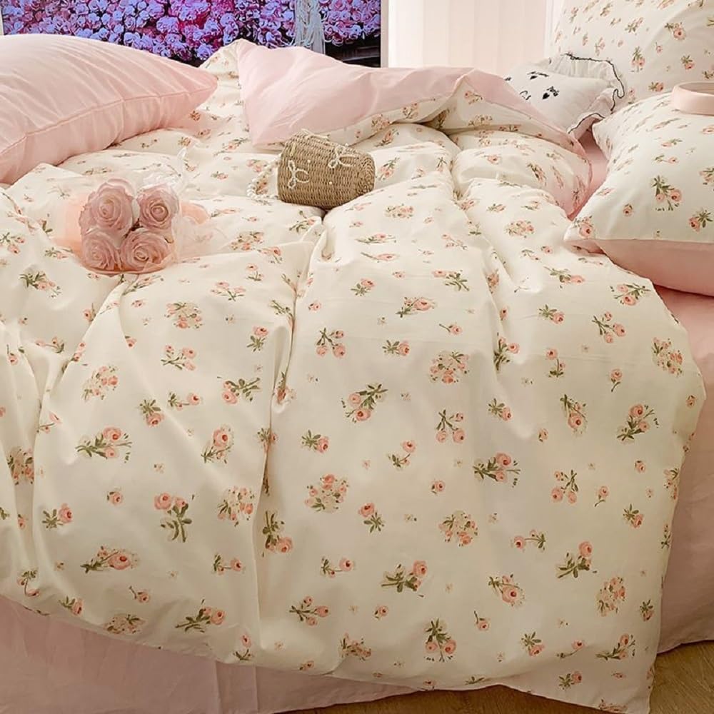 Erwinmu Floral Duvet Cover Set Queen Size,White Pink Floral Flowers Bedding Duvet Cover with Zipper Closure,Soft Microfiber Comforter Cover 90"x90" and 2 Pillowcases 20"x30"