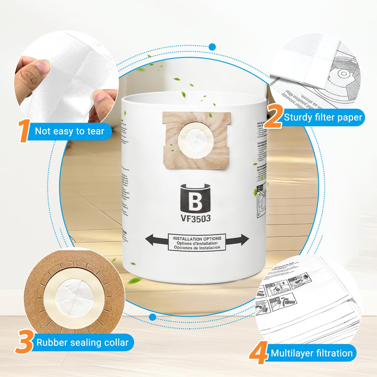 Zibopon VF3503 Vacuum Bags Compatible with Ridgid 5 to 10 Gallon Wet/Dry Vacs, Size B(10 Pack)