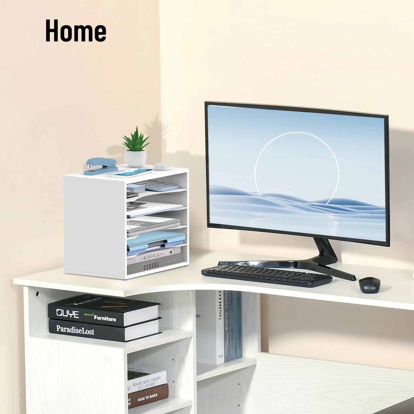 SHARKWOODS 5-Tier Wood Desk Organizer, Paper Sorter for Desktop with Adjustable Storage Shelves, Desktop Mail Holder for Office Home Classroom, White