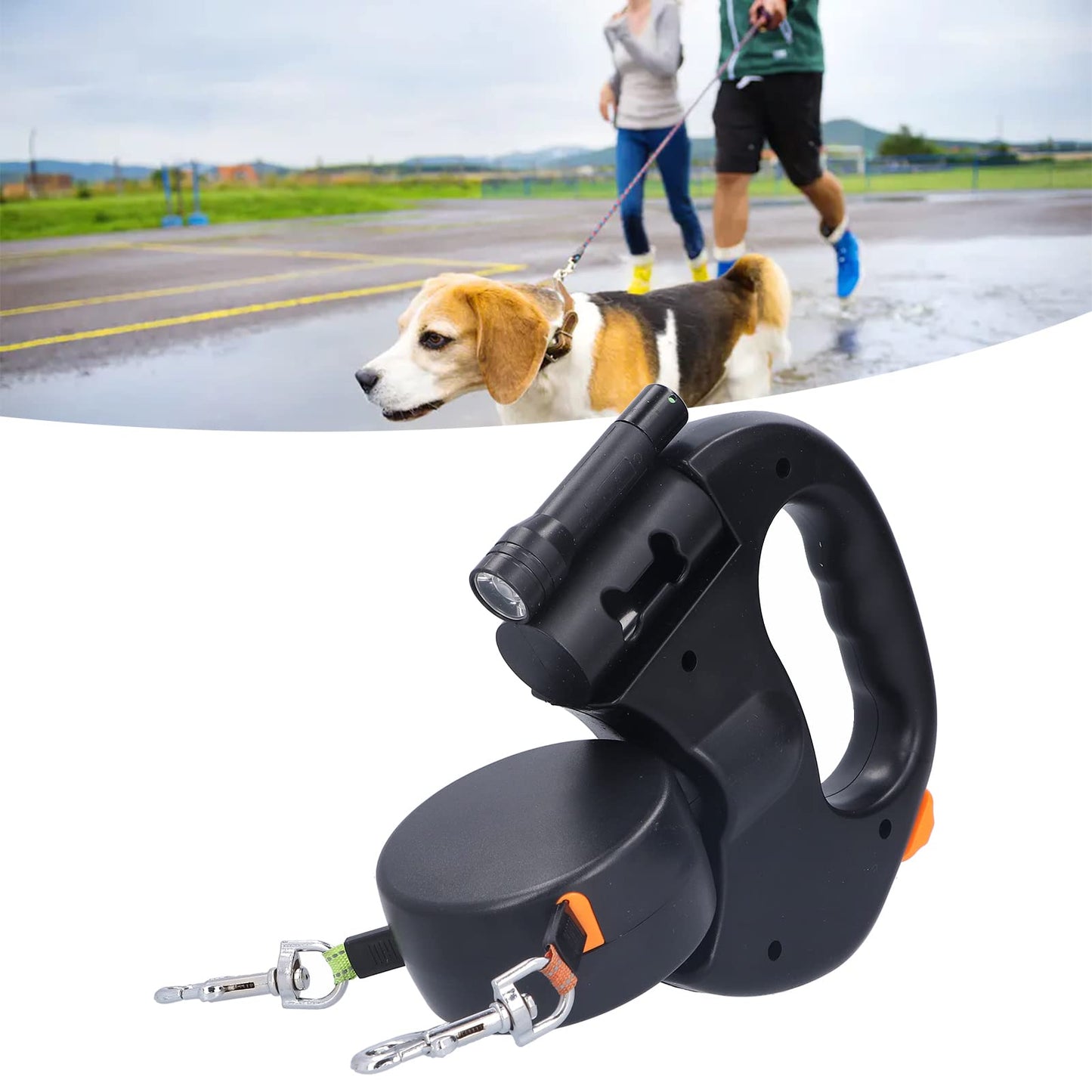 Retractable Double Dog Leash Reflective Pet Leash for Walking 2 Dogs, Traction Rope for Small Medium Dogs, Pet with Light and Bag Dispenser