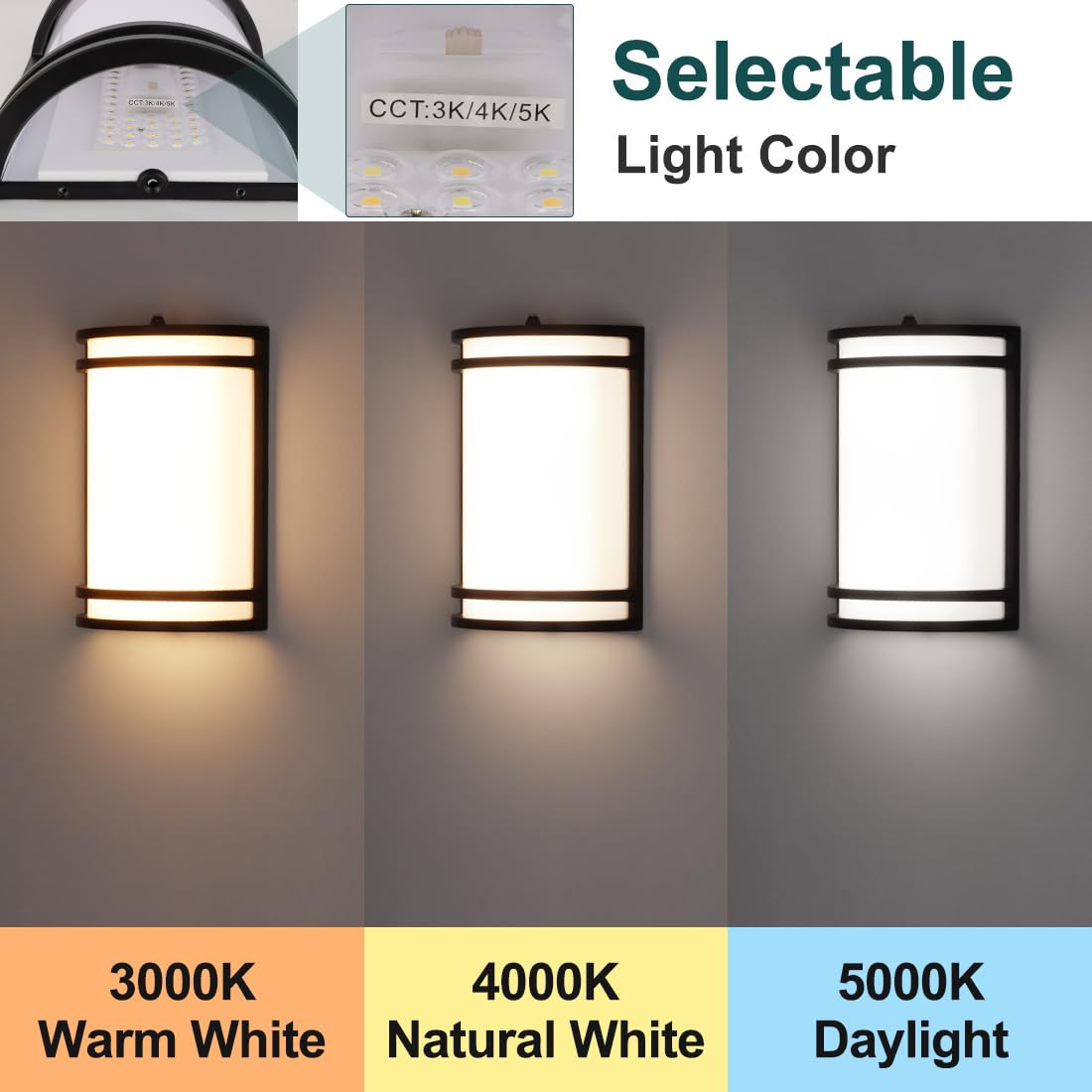 kadision Dusk-to-Dawn LED Wall Sconce, 3000K/4000K/5000K 3-Color Adjustable, 15W 1200lm 120V, Half-Cylinder Outdoor Wall Lights for House, Aluminum Frame, 2-Pack
