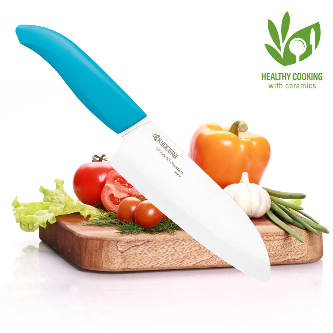 KYOCERA Revolution 2-Piece Ceramic Knife Set: Chef Knife for Your Cooking Needs, 5.5" Santoku and 4.5" Utility Knife, White Blades with Blue Handles, White/Blue