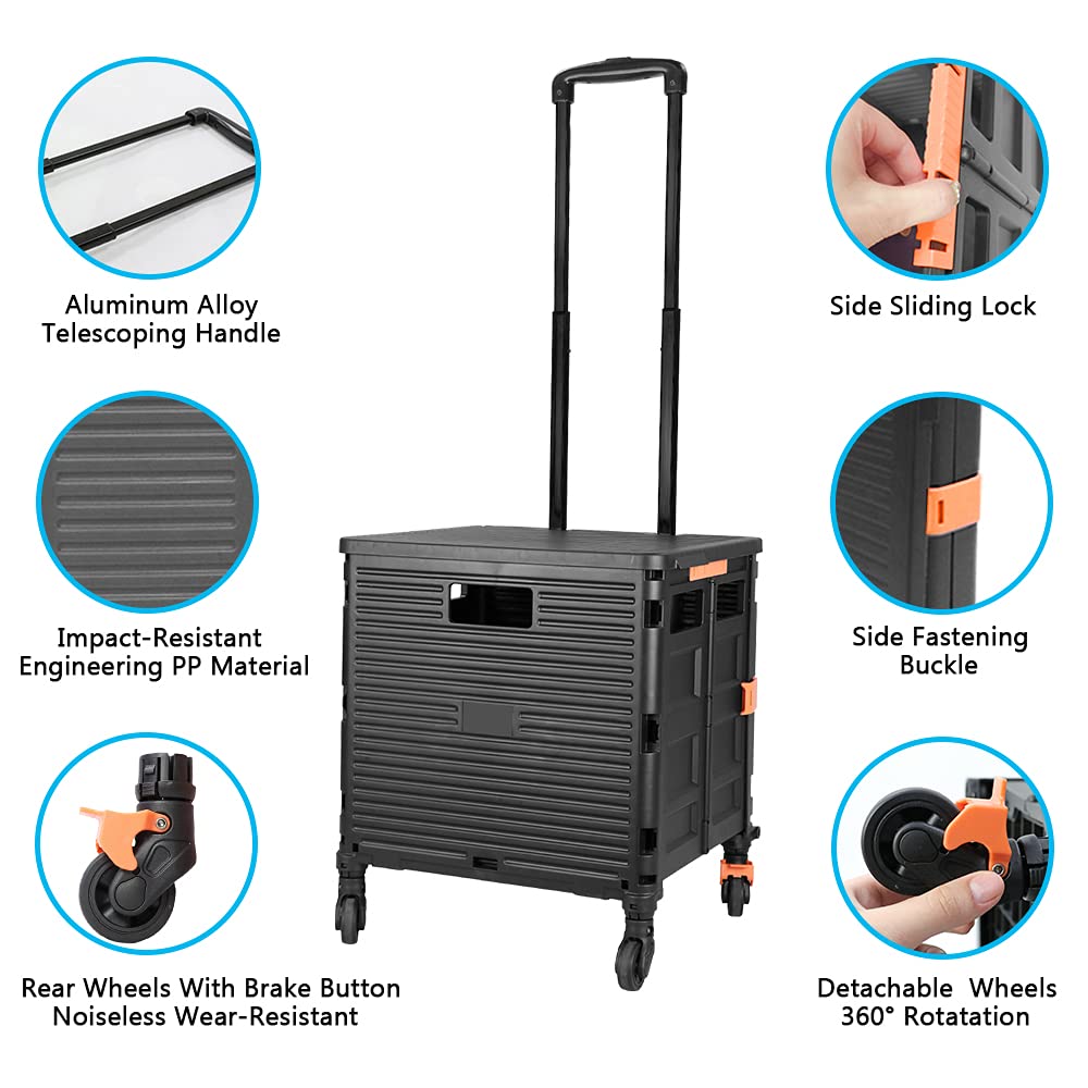 Foldable Utility Cart Folding Portable Rolling Crate Handcart with Durable Heavy Duty Plastic Telescoping Handle Collapsible 4 Rotate Wheels for Travel Shopping Moving Luggage Office Use (Black+Black)