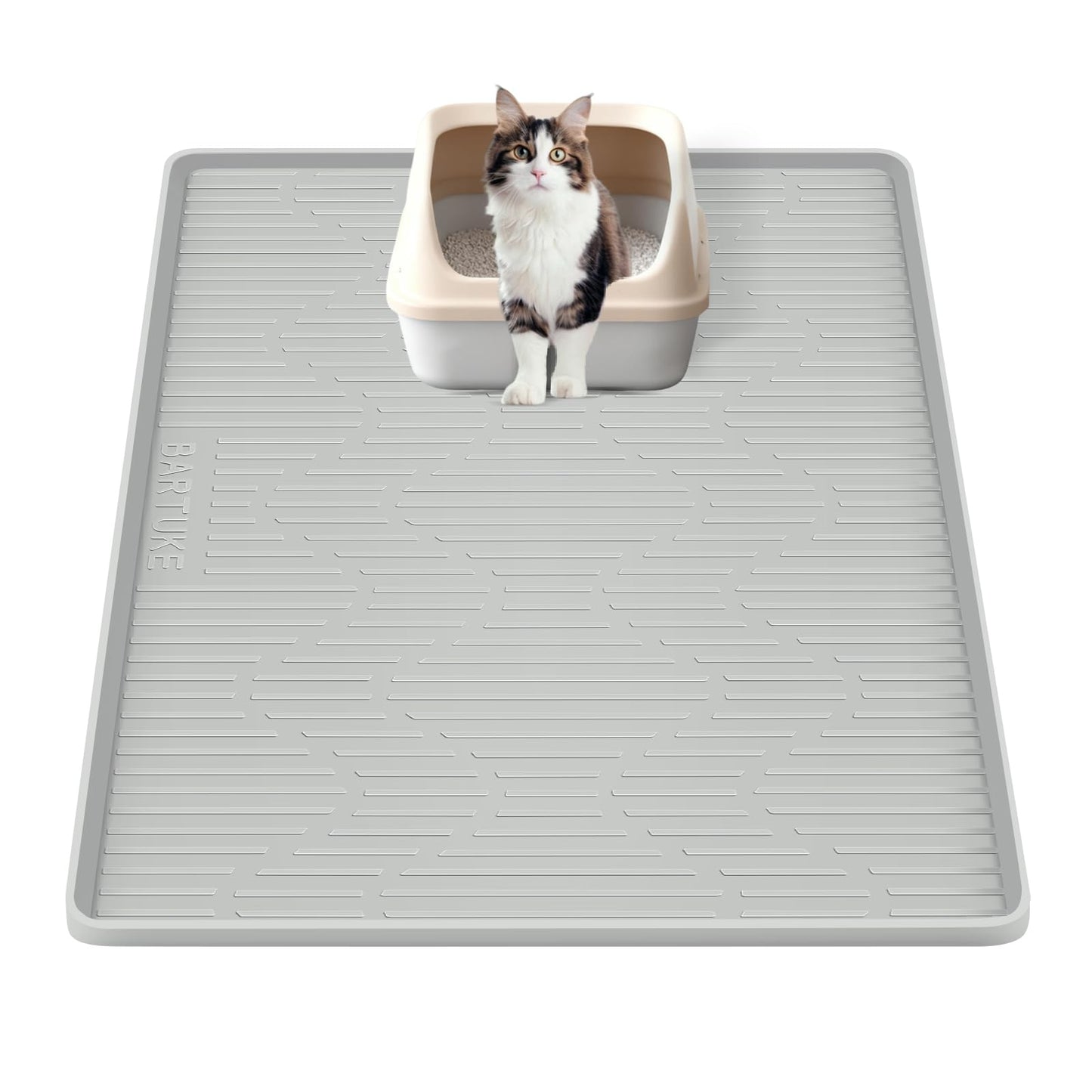 Bartuke Silicone Cat Litter Mat, 24" x 24" Large Cat Litter Box Mat Litter Trapping Mat for Scatter Control, Waterproof, Soft on Kitty Paws, Clean Floor (Grey)
