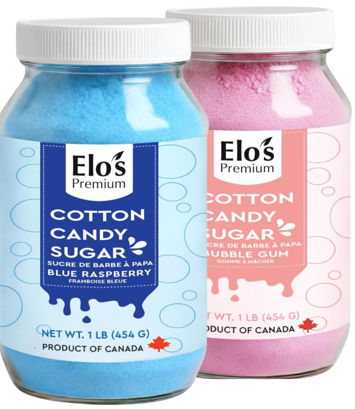 Cotton Candy Floss Sugar (2 Pack / 1lb x 2) | Blue Raspberry & Bubble-gum| PRODUCT OF CANADA| Easy Candy Forming| Works With Almost All Machines| Reusable Jars to Lock in Freshness| Flavoured Floss Ideal for Snack, Desserts, Party, Carnivals and More| By