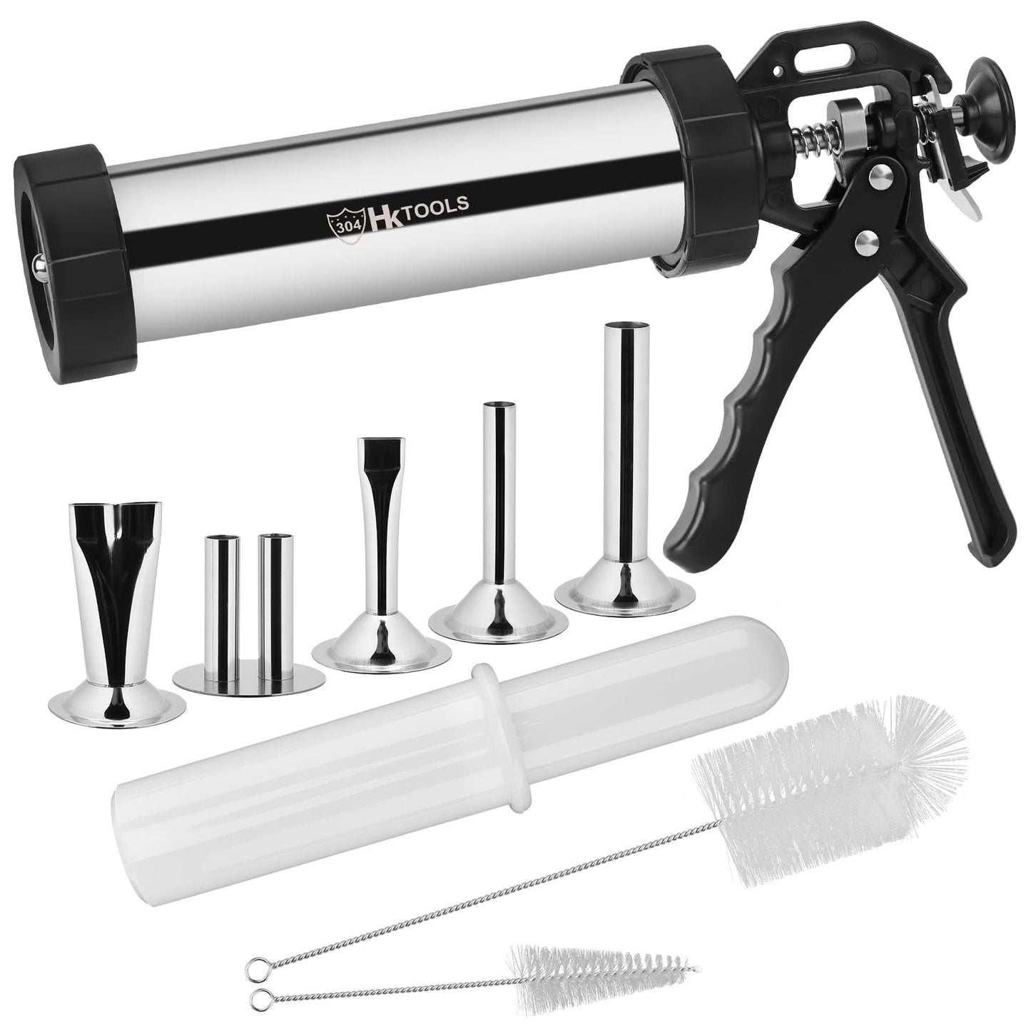 HK Jerky Gun Kits, Jerky Maker Gun, Beef Jerky Gun, 2 Pound Stainless Steel Sausage Jerky Making Gun with 5 Stainless Nozzles, 2 Cleaning Brushes, 1 Stomper, Black