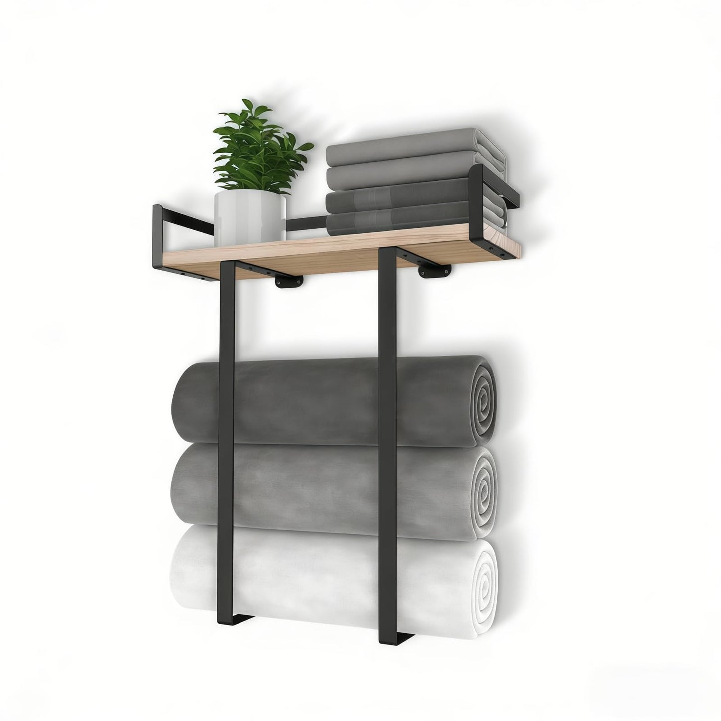 Bathroom Wall Mounted Towel Rack - Metal Towel Holder with Wooden Shelf, Easy to Install, Fits Large Folded Towels, Towel Storage Organizer for Small Bathroom & RV Camping Decor