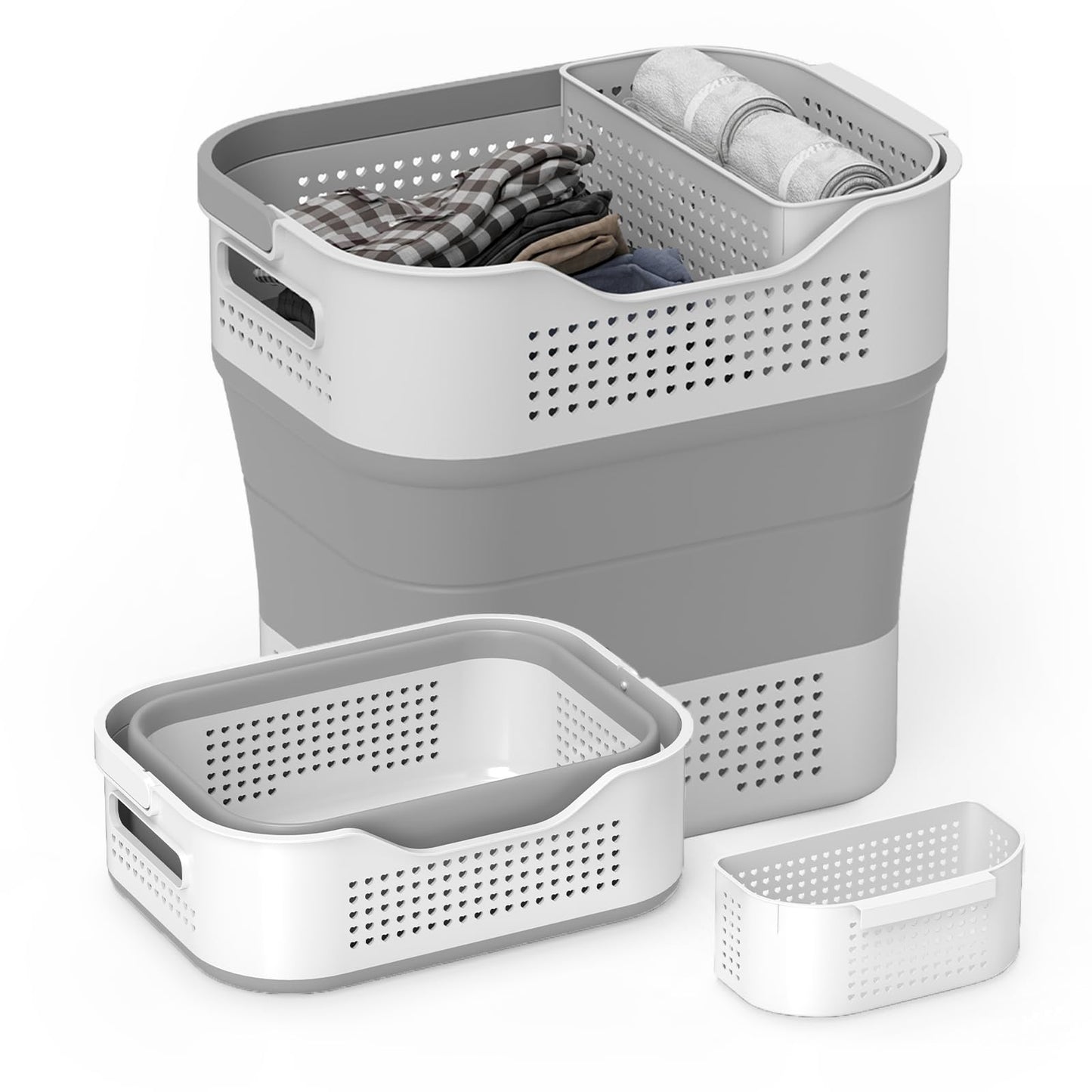TECHMILLY Collapsible Laundry Basket, Plastic Laundry Hamper with Comfortable Handles and Hanging Basket for Washing & Storage, Pop Up Dirty Clothes Hamper for Bedroom, Bathroom and Closet, 35L, Grey
