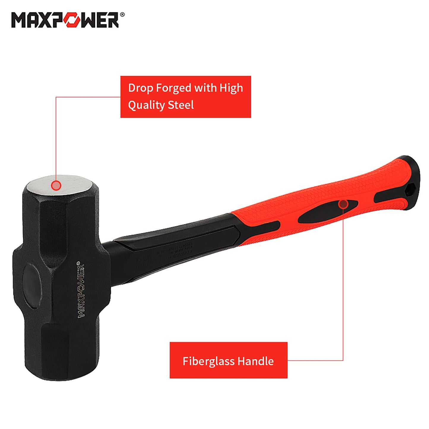 MAXPOWER 4 lb Sledge Hammer, Steel Head, 12-inch Fiberglass Handle Shock-Resistant
