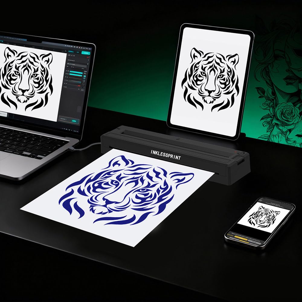 INKLESSPRINT Thermal Tattoo Stencil Printer Machine, Portable Wireless Tattoo Transfer Printer for Tattoo Artists & Enthusiasts, Support Mobile Phone & PC, with 10 Thermal Papers & 3 Transfer Papers