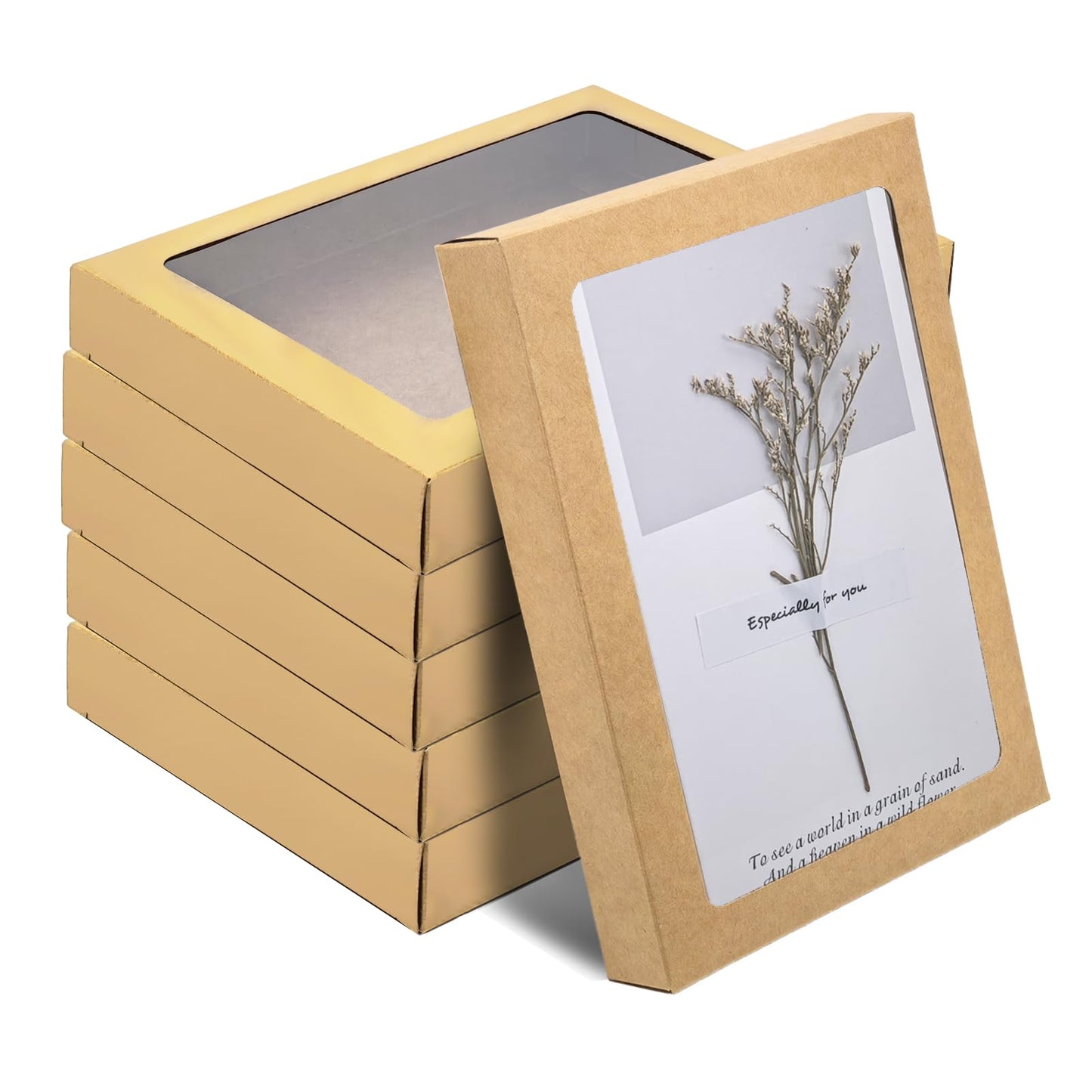 GIWOSK 60 Pcs Greeting Card Storage Box, Kraft Paper Box with PVC Transparent Window Greeting Card Holder Bulk for A7 Paper Photo Frame Card Envelope Biscuit, 5.39 x 7.36 x 1 Inches, Rectangle