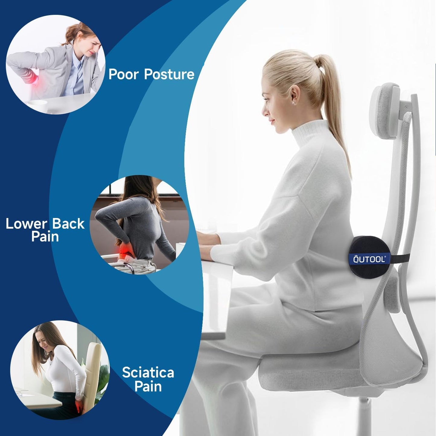 QUTOOL Lumbar Roll Support for Office Chair – Lower Back Support Cushion for Sitting, Anti-Slip Adjustable Strap, Firm Foam, Removable Washable Cover
