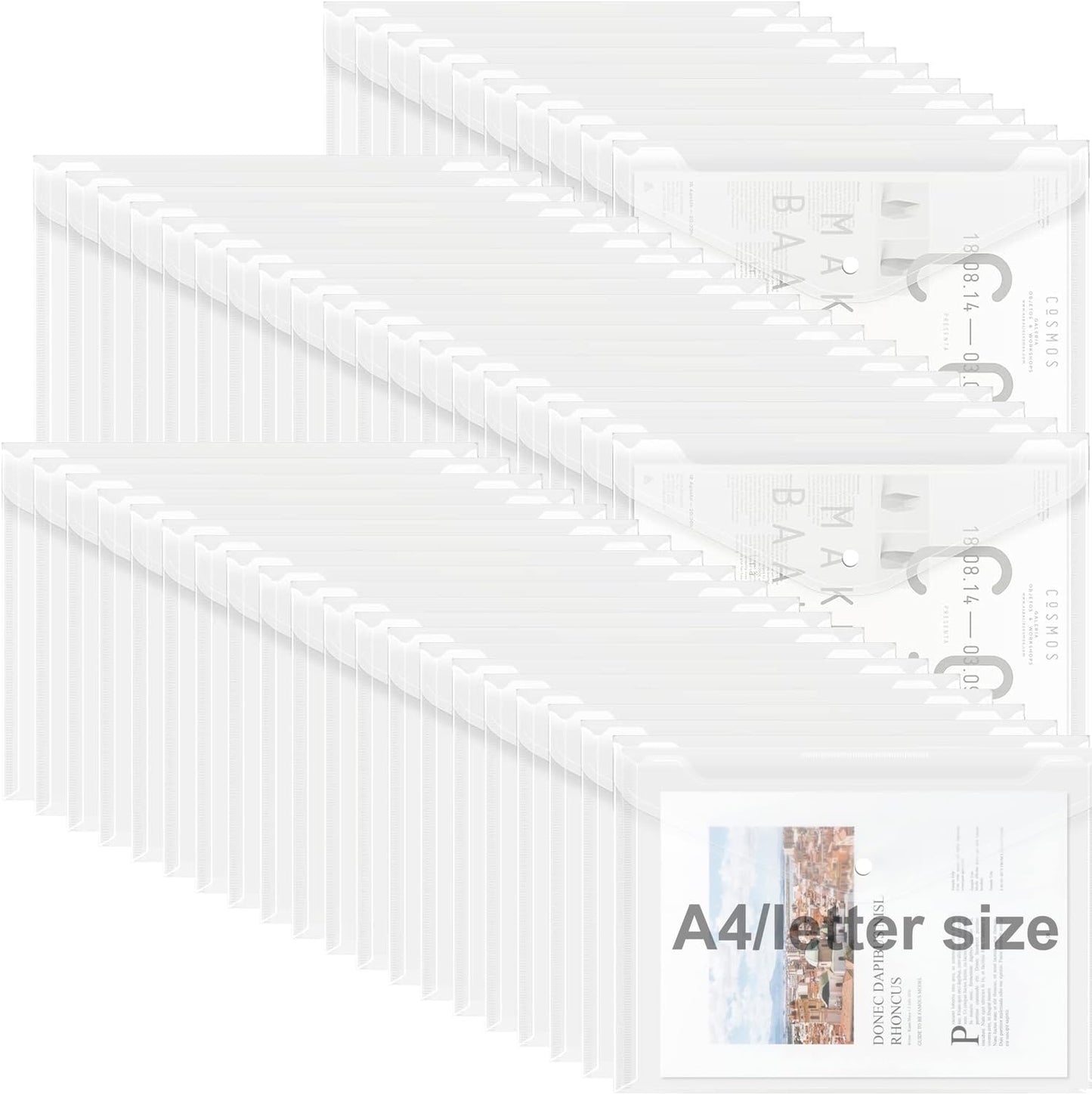 100 Pcs Transparent File Folders, Clear Plastic File Envelopes Poly Folders Letter Size / A4 Size, Waterproof Document Folder with Snap Button for School Home Work Office Organization