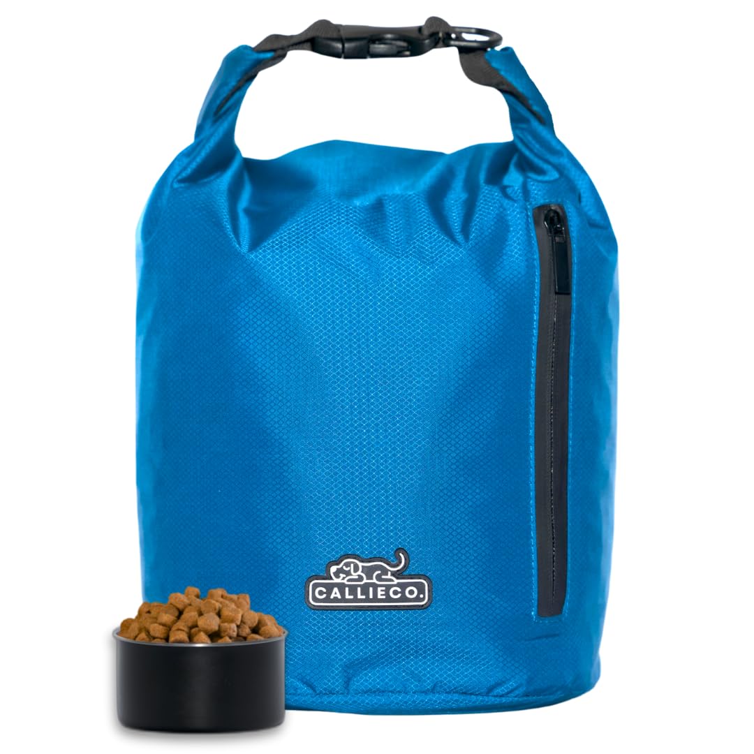 Callieco Dog Food Travel Bag w/ 1 Cup Scoop and Zipper Side Pocket | Waterproof Kibble Storage Container for Home, Road Trips, Camping, Boarding and More (Blue, 64 Cups)