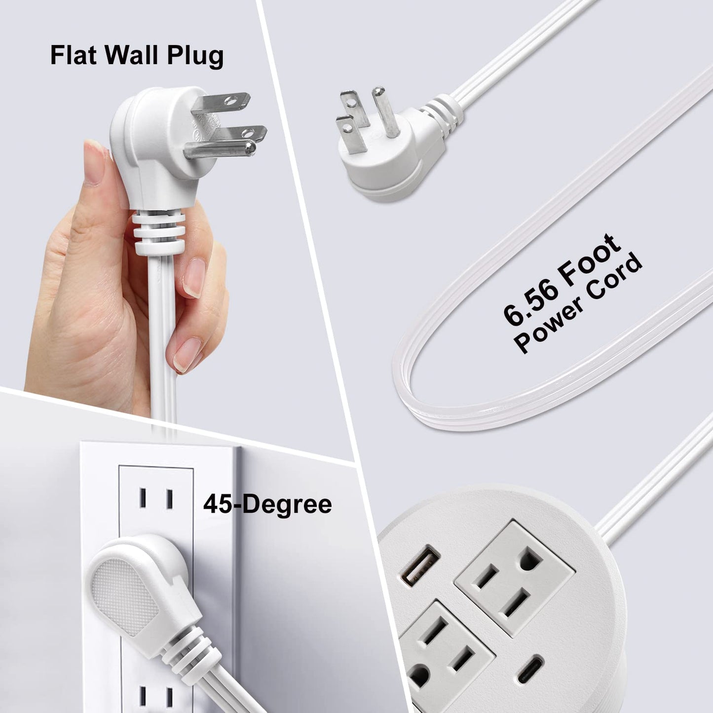 Desk Power Grommet USB C, PD Fast Charge Desktop Power Bar 2 Outlets 2 USB Ports (Total 30W) Recessed Flat Plug Extension Cord Mount into Countertop Shelf Cabinet End Table White
