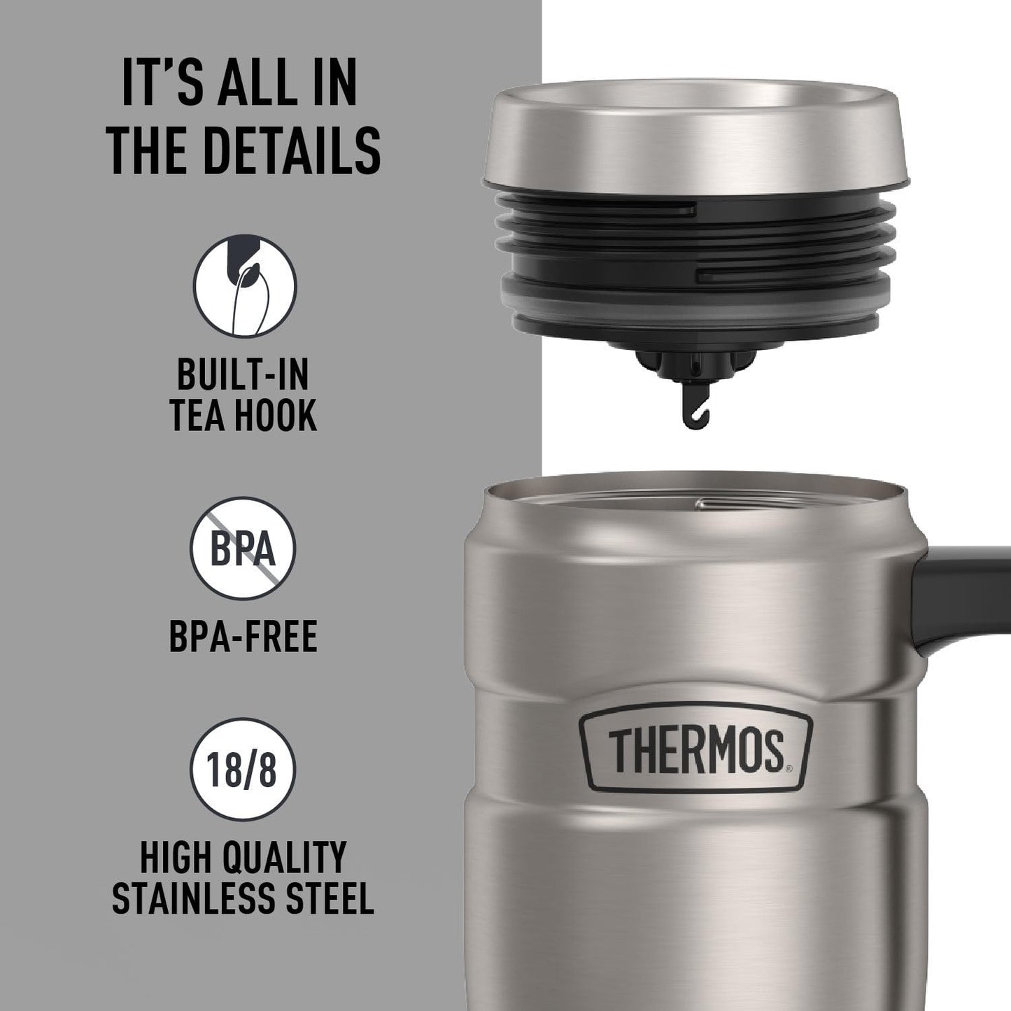 Thermos Stainless King 16 Ounce Travel Mug with Handle, Matte Steel, Gray