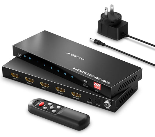 AVIDGRAM 4 Port HDMI Switch 4K 120Hz, 4 In 1 Out HDMI 2.1 Switcher 8K 60Hz with Audio Extractor Toslink 3.5mm and Remote, 16 EDID Modes, HDCP 2.3, HDR10, VRR, ALLM, QFT, CEC, Compatible with Xbox, PS5