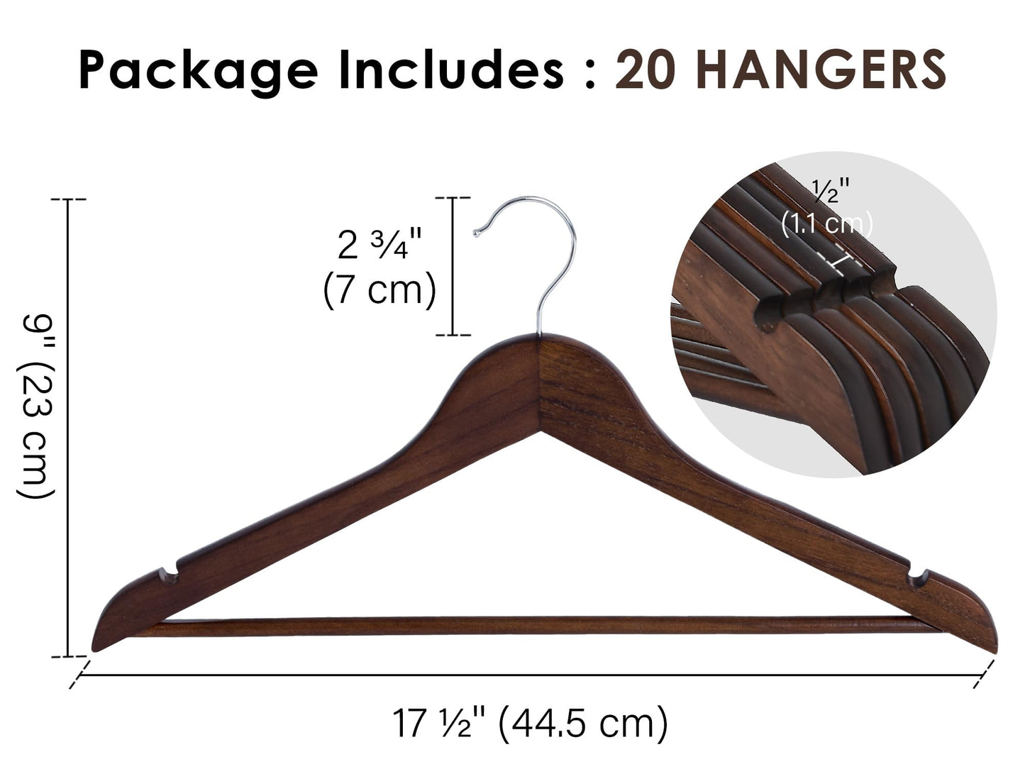 StorageWorks Wooden Hangers 20 Pack, Wood Coat Hanger for Coats, Shirts, Jackets, Pants, Suits, Walnut Color