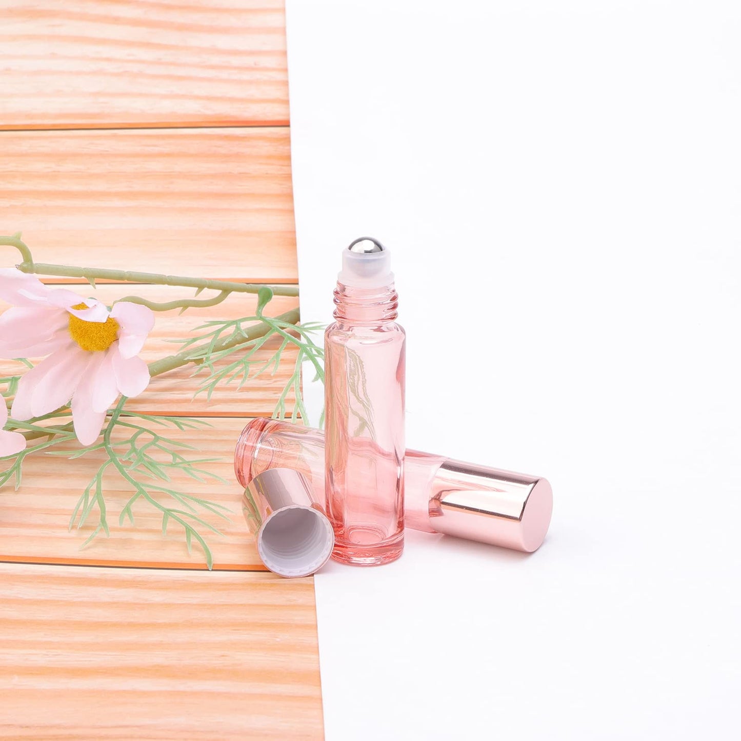 Newzoll 45Pcs 10ml Essential Oil Roller Bottles, Thick Glass Roll on Vials Massage Containers with Stainless Steel Roller Ball for Perfumes Aromatherapy Lip Balms, Rose Gold