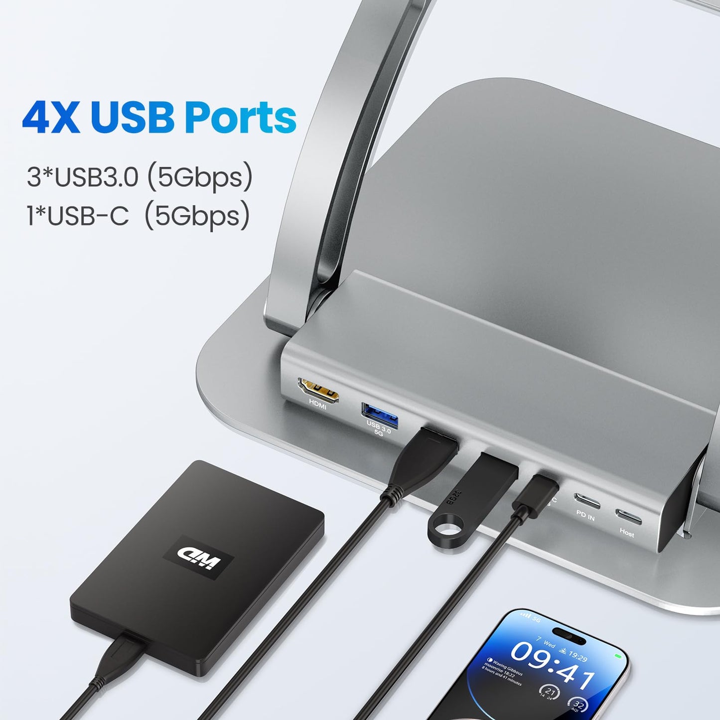 Tounee Laptop Stand with Detachable USB-C Hub, 100W PD Charging, 4K@60Hz HDMI, USB-A & USB-C 3.0 Ports, Host Port, Ergonomic Aluminum Laptop Holder for 10-17" Laptops, MacBook & More (Silver)
