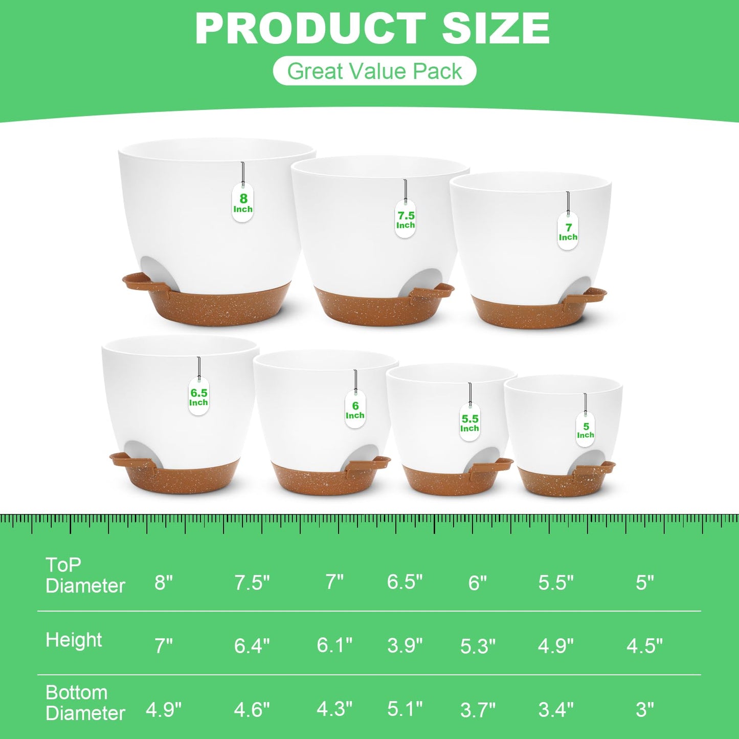 Self Watering Planter Set, 7Pack Medium Plastic Pot with Mesh Drainage Holes and Removable Reservoir Saucers, Modern 8+7.5+7+6.5+6+5.5+5 Inch Bottom Watering Flower Pots for Indoor Plants - White