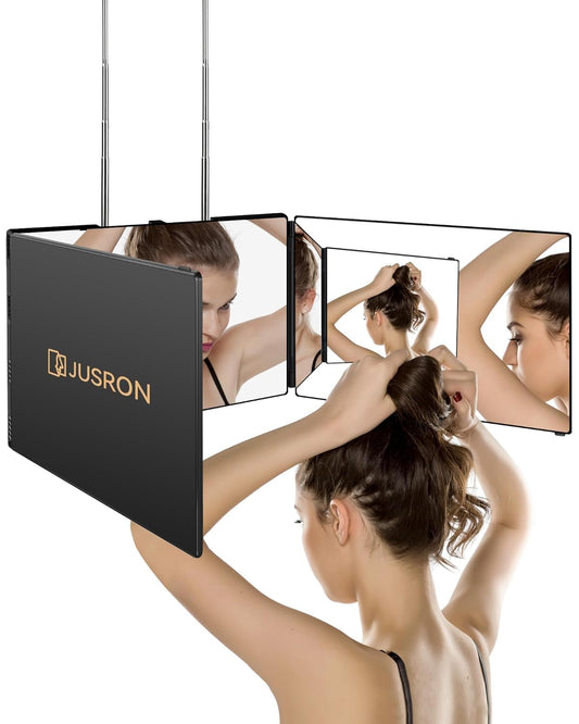 3 Way Mirror for Self Hair Cutting, 360 Trifold Self Haircut Mirror 3 Sided Makeup Mirror to See Back of Head with Height Adjustable Hooks, for Hair Cutting, Makeup, Shaving, Braiding, Styling